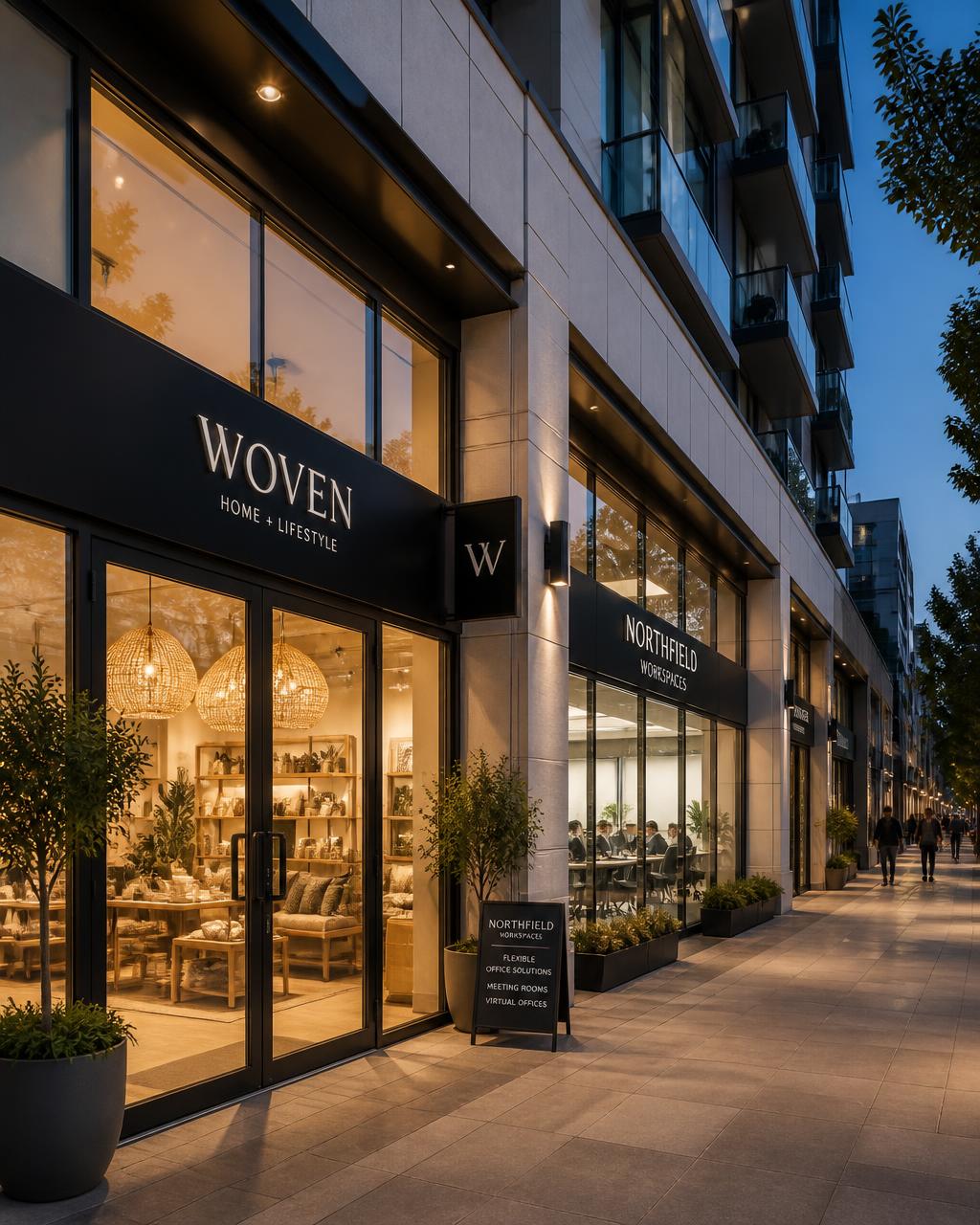 Retail storefronts and office suites in the Star City podium on Russian Boulevard