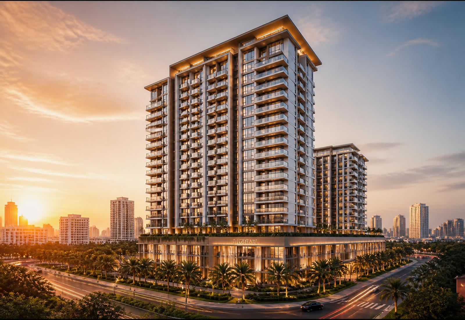 Star City condominium towers on Russian Federation Boulevard at golden hour