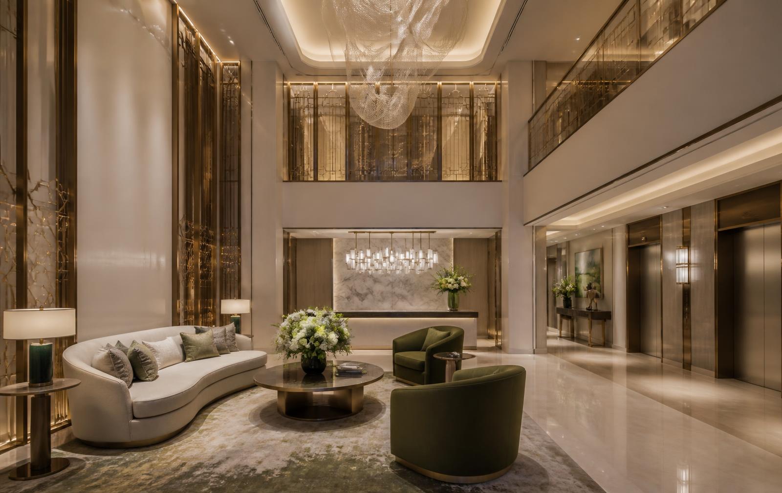 Star City residential lobby with marble floors, brass detailing and lounge seating