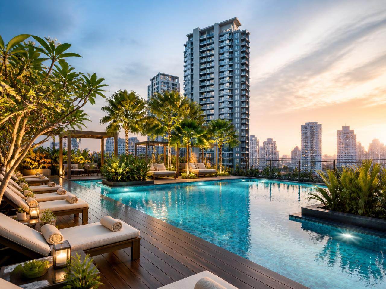 Star City swimming pool deck and landscaped tropical gardens at dusk