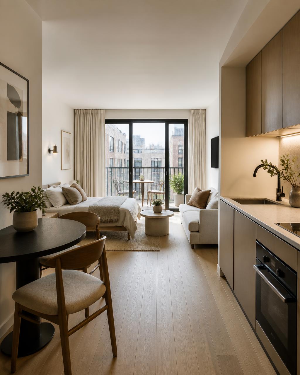 Modern open-plan studio apartment with kitchenette and balcony at Star City